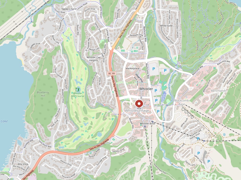 Map centred on the Blackcomb Lodge, 4220 Gateway Drive, Whistler, with a pin