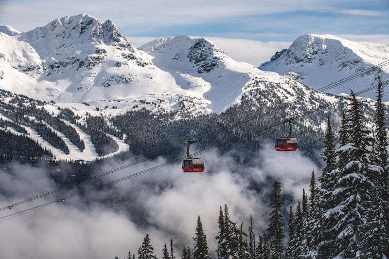 Peak 2 Peak gondola over snowy mountains